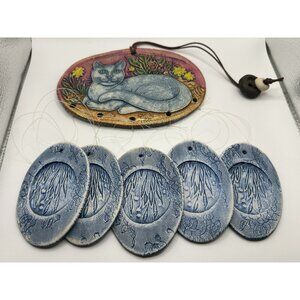 Chime Tree Wind Chime Blue Kitty Cat Laying in Flowers Chilling Cat Ceramic